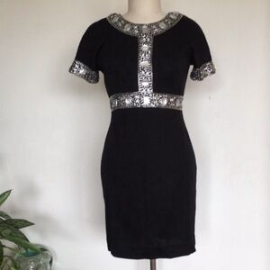 Vintage 80s black jeweled dress, wool blend jersey, marked 8P but fits 4P